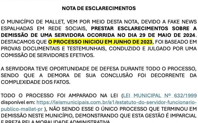 Nota de esclarecimentos - demissão de servidora